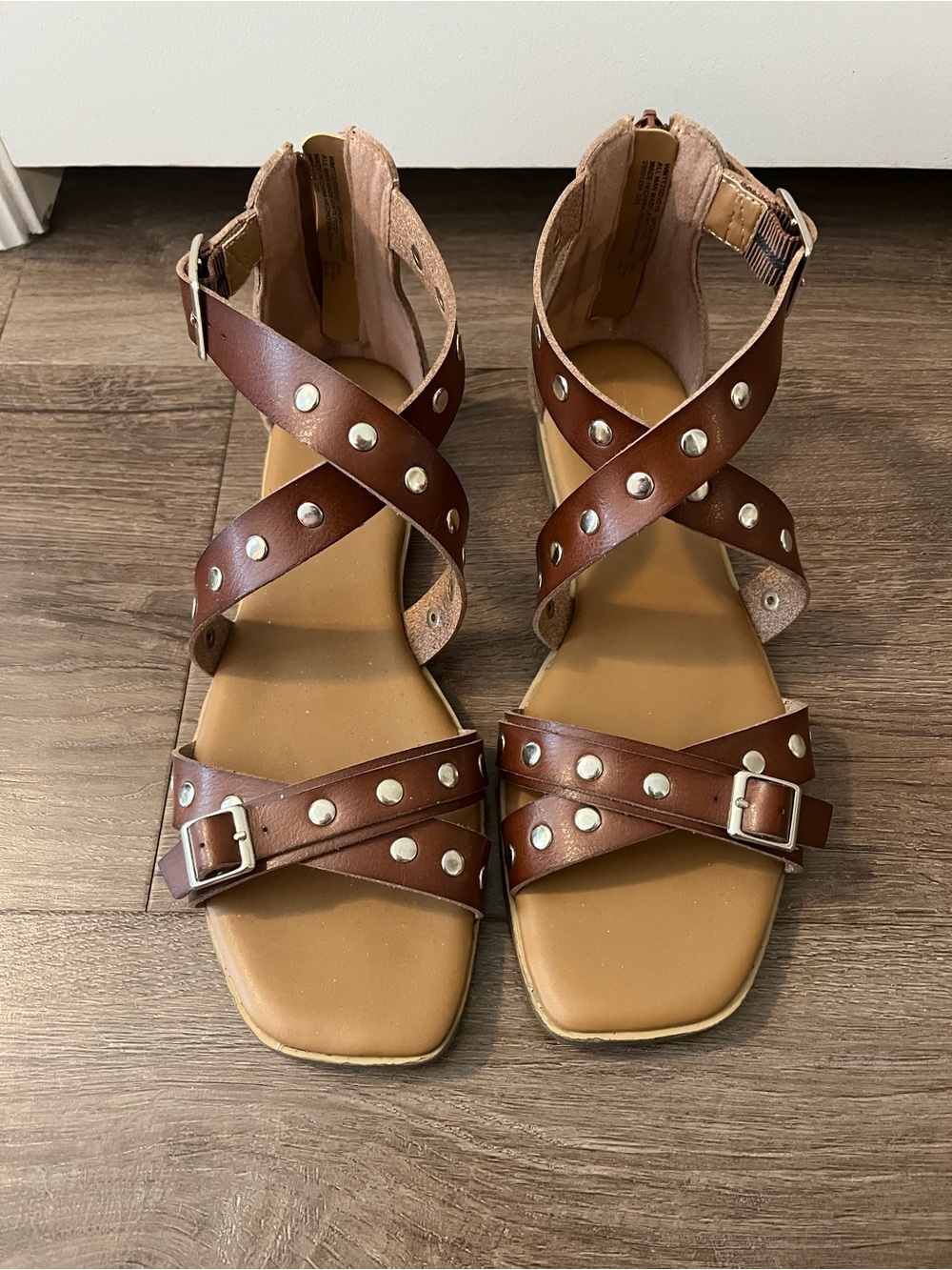 Time and Tru Brown Studded Cross-Strap Sandals
